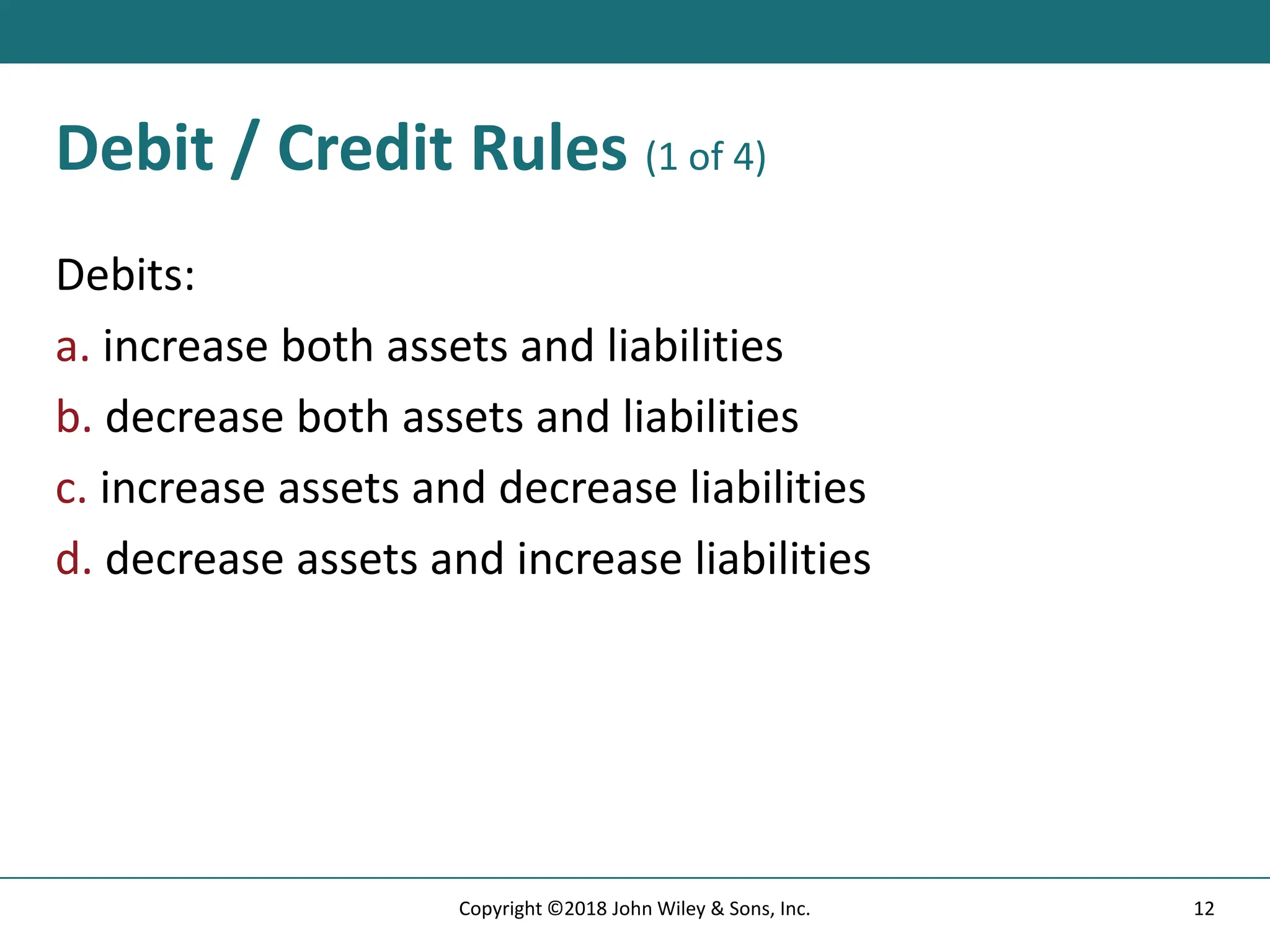 Debit / Credit Rules (1 of 4)
Debits:
a. increase both assets and liabilities
b. decrease both assets and liabilities
c. increase assets and decrease liabilities
d. decrease assets and increase liabilities
12
Copyright ©2018 John Wiley & Sons, Inc.
 