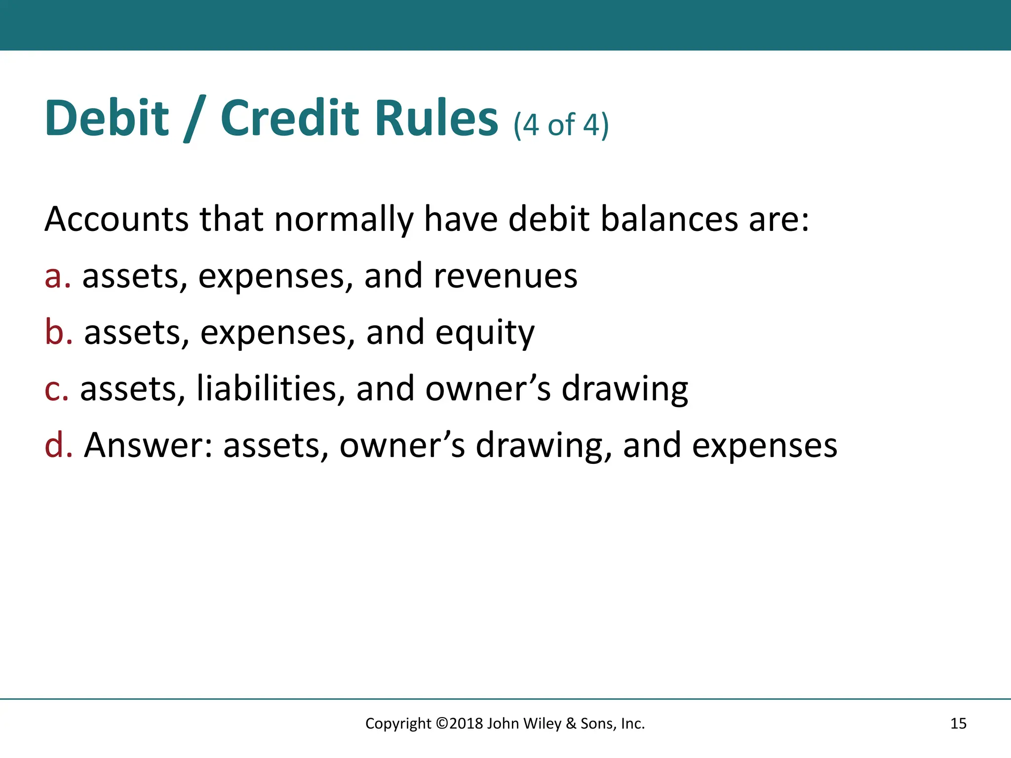 Debit / Credit Rules (4 of 4)
Accounts that normally have debit balances are:
a. assets, expenses, and revenues
b. assets, expenses, and equity
c. assets, liabilities, and owner’s drawing
d. Answer: assets, owner’s drawing, and expenses
15
Copyright ©2018 John Wiley & Sons, Inc.
 