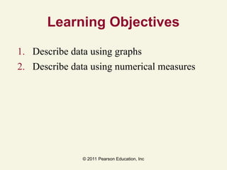 © 2011 Pearson Education, Inc
Learning Objectives
1. Describe data using graphs
2. Describe data using numerical measures
 