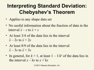 © 2011 Pearson Education, Inc
Interpreting Standard Deviation:
Chebyshev’s Theorem
• Applies to any shape data set
• No useful information about the fraction of data in the
interval x – s to x + s
• At least 3/4 of the data lies in the interval
x – 2s to x + 2s
• At least 8/9 of the data lies in the interval
x – 3s to x + 3s
• In general, for k > 1, at least 1 – 1/k2
of the data lies in
the interval x – ks to x + ks
 