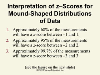 © 2011 Pearson Education, Inc
Interpretation of z–Scores for
Mound-Shaped Distributions
of Data
1. Approximately 68% of the measurements
will have a z-score between –1 and 1.
2. Approximately 95% of the measurements
will have a z-score between –2 and 2.
3. Approximately 99.7% of the measurements
will have a z-score between –3 and 3.
(see the figure on the next slide)
 