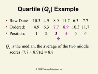 © 2011 Pearson Education, Inc
Quartile (Q2) Example
• Raw Data: 10.3 4.9 8.9 11.7 6.3 7.7
• Ordered: 4.9 6.3 7.7 8.9 10.3 11.7
• Position: 1 2 3 4 5 6
Q2 is the median, the average of the two middle
scores (7.7 + 8.9)/2 = 8.8
 