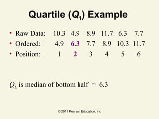 © 2011 Pearson Education, Inc
Quartile (Q1) Example
• Raw Data: 10.3 4.9 8.9 11.7 6.3 7.7
• Ordered: 4.9 6.3 7.7 8.9 10.3 11.7
• Position: 1 2 3 4 5 6
QL is median of bottom half = 6.3
 
