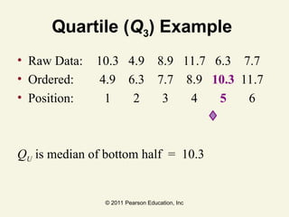 © 2011 Pearson Education, Inc
Quartile (Q3) Example
• Raw Data: 10.3 4.9 8.9 11.7 6.3 7.7
• Ordered: 4.9 6.3 7.7 8.9 10.3 11.7
• Position: 1 2 3 4 5 6
QU is median of bottom half = 10.3
 