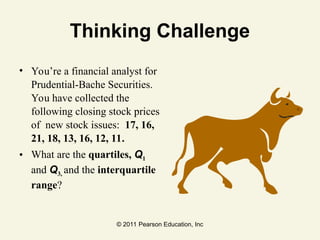 © 2011 Pearson Education, Inc
Thinking Challenge
• You’re a financial analyst for
Prudential-Bache Securities.
You have collected the
following closing stock prices
of new stock issues: 17, 16,
21, 18, 13, 16, 12, 11.
• What are the quartiles, Q1
and Q3, and the interquartile
range?
 