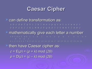 Caesar Cipher
Caesar Cipher
 can define transformation as:
can define transformation as:
a b c d e f g h i j k l m n o p q r s t u v w x y z
a b c d e f g h i j k l m n o p q r s t u v w x y z
D E F G H I J K L M N O P Q R S T U V W X Y Z A B C
D E F G H I J K L M N O P Q R S T U V W X Y Z A B C
 mathematically give each letter a number
mathematically give each letter a number
a b c d e f g h i j k l m n o p q r s t u v
a b c d e f g h i j k l m n o p q r s t u v
w x y z
w x y z
0 1 2 3 4 5 6 7 8 9 10 11 12 13 14 15 16 17 18 19 20 21 22 23 24 25
0 1 2 3 4 5 6 7 8 9 10 11 12 13 14 15 16 17 18 19 20 21 22 23 24 25
 then have Caesar cipher as:
then have Caesar cipher as:
c
c = E(
= E(p
p) = (
) = (p
p +
+ k
k) mod (26)
) mod (26)
p
p = D(c) = (c –
= D(c) = (c – k
k) mod (26)
) mod (26)
 