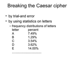 Breaking the Caesar cipher
• by trial-and error
• by using statistics on letters
– frequency distributions of letters
letter percent
A 7.49%
B 1.29%
C 3.54%
D 3.62%
E 14.00%
..................................
 