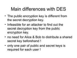Main differences with DES
• The public encryption key is different from
the secret decryption key.
• Infeasible for an attacker to find out the
secret decryption key from the public
encryption key.
• no need for Alice & Bob to distribute a shared
secret key beforehand !
• only one pair of public and secret keys is
required for each user !
 