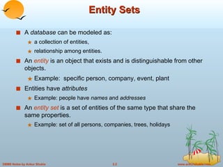 Entity Sets <ul><li>A  database  can be modeled as: </li></ul><ul><ul><li>a collection of entities, </li></ul></ul><ul><ul...