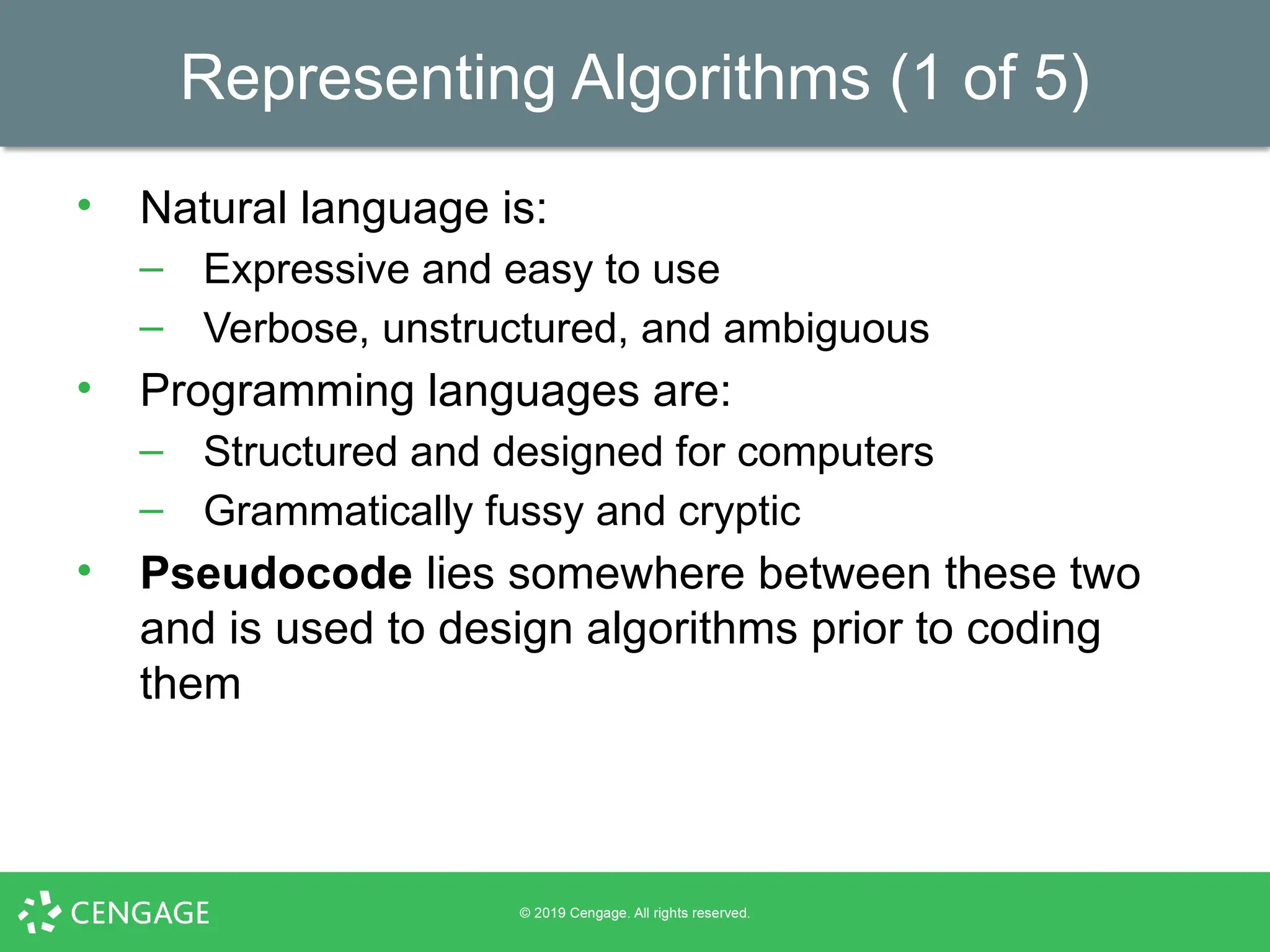 Representing Algorithms (1 of 5)
• Natural language is:
– Expressive and easy to use
– Verbose, unstructured, and ambiguous
• Programming languages are:
– Structured and designed for computers
– Grammatically fussy and cryptic
• Pseudocode lies somewhere between these two
and is used to design algorithms prior to coding
them
 