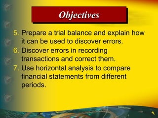 5. Prepare a trial balance and explain how
it can be used to discover errors.
6. Discover errors in recording
transactions and correct them.
7. Use horizontal analysis to compare
financial statements from different
periods.
Objectives
 