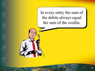In every entry the sum of
the debits always equal
the sum of the credits.
 