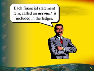 Each financial statement
item, called an account, is
included in the ledger.
 