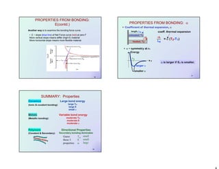 16
• E ~ slope (blue line) of Net Force curve (red) at zero F
More vertical slope means stiffer (high E) material
More horizontal slope means more flexible material.
PROPERTIES FROM BONDING:
E(contd.)
Another way is to examine the bonding force curve.
17
• Coefficient of thermal expansion,
• ~ symmetry at ro
is larger if Eo is smaller.
L
length, Lo
unheated, T1
heated, T2
= (T2-T1)
L
Lo
coeff. thermal expansion
r
smaller
larger
Energy
ro
PROPERTIES FROM BONDING:
18
Ceramics
(Ionic & covalent bonding):
Metals
(Metallic bonding):
Polymers
(Covalent & Secondary):
secondary bonding
Large bond energy
large Tm
large E
small
Variable bond energy
moderate Tm
moderate E
moderate
Directional Properties
Secondary bonding dominates
SUMMARY: Properties
Tm
E
Guess
these 3
properties
small
small
large
 