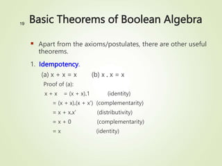 Basic Theorems of Boolean Algebra
 Apart from the axioms/postulates, there are other useful
theorems.
1. Idempotency.
(a) x + x = x (b) x . x = x
Proof of (a):
x + x = (x + x).1 (identity)
= (x + x).(x + x') (complementarity)
= x + x.x' (distributivity)
= x + 0 (complementarity)
= x (identity)
19
 