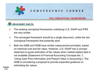 Chapter
2-31
 The existing conceptual frameworks underlying U.S. GAAP and IFRS
are very similar.
 The converged framework should be a single document, unlike the two
conceptual frameworks that presently exist.
 Both the IASB and FASB have similar measurement principles, based
on historical cost and fair value. However, U.S. GAAP has a concept
statement to guide estimation of fair values when market-related data is
not available (Statement of Financial Accounting Concepts No. 7,
“Using Cash Flow Information and Present Value in Accounting”). The
IASB is considering a proposal to provide expanded guidance on
estimating fair values.
 