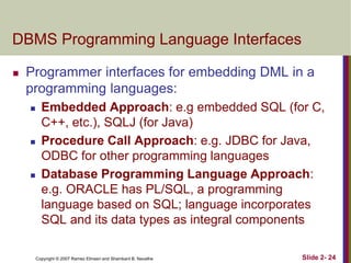 Copyright © 2007 Ramez Elmasri and Shamkant B. Navathe Slide 2- 24
DBMS Programming Language Interfaces
 Programmer interfaces for embedding DML in a
programming languages:
 Embedded Approach: e.g embedded SQL (for C,
C++, etc.), SQLJ (for Java)
 Procedure Call Approach: e.g. JDBC for Java,
ODBC for other programming languages
 Database Programming Language Approach:
e.g. ORACLE has PL/SQL, a programming
language based on SQL; language incorporates
SQL and its data types as integral components
 