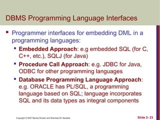 Copyright © 2007 Ramez Elmasri and Shamkant B. Navathe Slide 2- 23
DBMS Programming Language Interfaces
 Programmer interfaces for embedding DML in a
programming languages:
 Embedded Approach: e.g embedded SQL (for C,
C++, etc.), SQLJ (for Java)
 Procedure Call Approach: e.g. JDBC for Java,
ODBC for other programming languages
 Database Programming Language Approach:
e.g. ORACLE has PL/SQL, a programming
language based on SQL; language incorporates
SQL and its data types as integral components
 