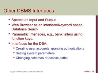 Copyright © 2007 Ramez Elmasri and Shamkant B. Navathe Slide 2- 25
Other DBMS Interfaces
 Speech as Input and Output
 Web Browser as an interface/Keyword based
Database Seach
 Parametric interfaces, e.g., bank tellers using
function keys.
 Interfaces for the DBA:

Creating user accounts, granting authorizations

Setting system parameters

Changing schemas or access paths
 