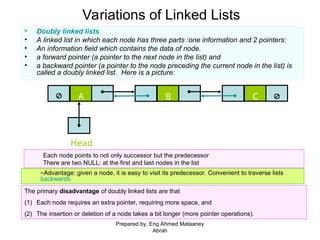 Variations of Linked Lists
• Doubly linked lists
• A linked list in which each node has three parts :one information and 2 pointers:
• An information field which contains the data of node.
• a forward pointer (a pointer to the next node in the list) and
• a backward pointer (a pointer to the node preceding the current node in the list) is
called a doubly linked list. Here is a picture:
A
Head
B
 C 
The primary disadvantage of doubly linked lists are that
(1) Each node requires an extra pointer, requiring more space, and
(2) The insertion or deletion of a node takes a bit longer (more pointer operations).
–Advantage: given a node, it is easy to visit its predecessor. Convenient to traverse lists
backwards.
Each node points to not only successor but the predecessor
There are two NULL: at the first and last nodes in the list
Prepared by, Eng Ahmed Mataaney
Abrah
 