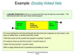 Example :Doubly linked lists
• A doubly linked list of lines in a document that may be kept by a text editor. The
following denotes how each node should appear:
•To move backward and forward through the document (as it appears on the screen ) and
insert or delete lines, a doubly linked list is ideal.
• With the cursor on the current line (stored in a pointer "current"),
•it is easy to move up one line (current = current->prev) or
• down one line (current = current->next).
•With a singly linked list this is possible but probably too slow.
Prepared by, Eng Ahmed Mataaney
Abrah
 