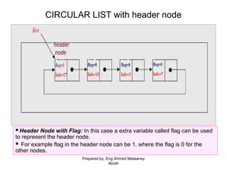 CIRCULAR LIST with header node
Header Node with Flag: In this case a extra variable called flag can be used
to represent the header node.
 For example flag in the header node can be 1, where the flag is 0 for the
other nodes.
Prepared by, Eng Ahmed Mataaney
Abrah
 