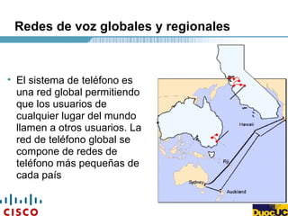 Redes de voz globales y regionales
• El sistema de teléfono es
una red global permitiendo
que los usuarios de
cualquier lugar del mundo
llamen a otros usuarios. La
red de teléfono global se
compone de redes de
teléfono más pequeñas de
cada país
 