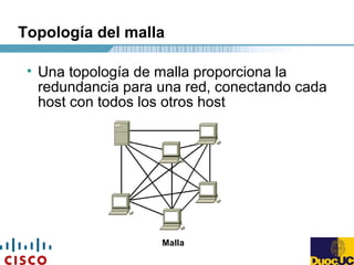 Topología del malla
• Una topología de malla proporciona la
redundancia para una red, conectando cada
host con todos los otros host
Malla
 