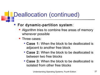 Understanding Operating Systems, Fourth Edition 27
Deallocation (continued)
 For dynamic-partition system:
 Algorithm tries to combine free areas of memory
whenever possible
 Three cases:

Case 1: When the block to be deallocated is
adjacent to another free block

Case 2: When the block to be deallocated is
between two free blocks

Case 3: When the block to be deallocated is
isolated from other free blocks
 