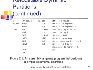 Understanding Operating Systems, Fourth Edition 41
Relocatable Dynamic
Partitions
(continued)
Figure 2.5: An assembly language program that performs
a simple incremental operation
 