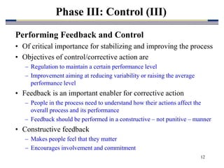 12
Phase III: Control (III)
Performing Feedback and Control
• Of critical importance for stabilizing and improving the process
• Objectives of control/corrective action are
– Regulation to maintain a certain performance level
– Improvement aiming at reducing variability or raising the average
performance level
• Feedback is an important enabler for corrective action
– People in the process need to understand how their actions affect the
overall process and its performance
– Feedback should be performed in a constructive – not punitive – manner
• Constructive feedback
– Makes people feel that they matter
– Encourages involvement and commitment
 