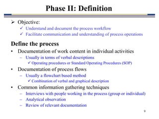 9
Phase II: Definition
 Objective:
 Understand and document the process workflow
 Facilitate communication and understanding of process operations
Define the process
• Documentation of work content in individual activities
– Usually in terms of verbal descriptions
 Operating procedures or Standard Operating Procedures (SOP)
• Documentation of process flows
– Usually a flowchart based method
 Combination of verbal and graphical description
• Common information gathering techniques
– Interviews with people working in the process (group or individual)
– Analytical observation
– Review of relevant documentation
 