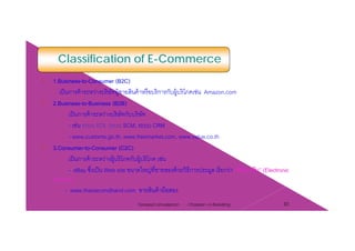 Classification of E-Commerce
1.Business-to-Consumer (B2C)
เป็นการค้าระหว่างบริษัทผู้ขายสินค้าหรือบริการกับผู้บริโภคเช่น Amazon.com
2.Business-to-Business (B2B)
เป็นการค้าระหว่างบริษัทกับบริษัท
เช่น ระบบ EDI ระบบ SCM ระบบ CRM- เชน ระบบ EDI, ระบบ SCM, ระบบ CRM
- www.customs.go.th, www.freemarket.com, www.value.co.th
3.Consumer-to-Consumer (C2C)
เป็นการค้าระหว่างผู้บริโภคกับผู้บริโภค เช่น
- eBay ซึ่งเป็น Web site ขนาดใหญ่ที่ขายของด้วยวิธีการประมูล เรียกว่า “อีอ็อกชัน” (Electronic
Auction)
- www.thaisecondhand.com ขายสินค้ามือสอง
Chapter 2 e-Retailing 30Tanapat Limsaiprom
 
