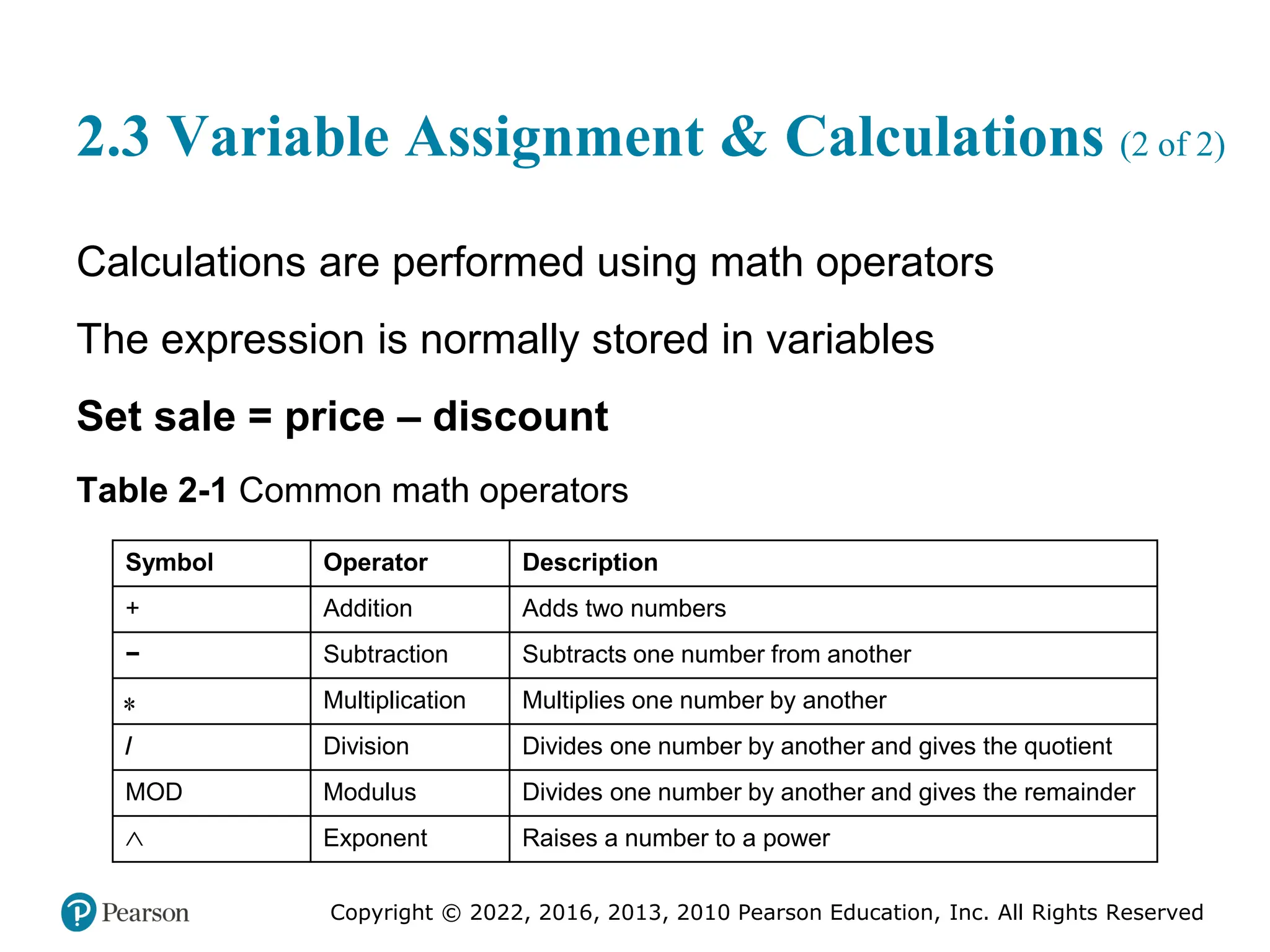 Copyright © 2022, 2016, 2013, 2010 Pearson Education, Inc. All Rights Reserved
2.3 Variable Assignment & Calculations (2 of 2)
Calculations are performed using math operators
The expression is normally stored in variables
Set sale = price – discount
Table 2-1 Common math operators
Symbol Operator Description
+ Addition Adds two numbers
− Subtraction Subtracts one number from another
Asterisk Multiplication Multiplies one number by another
/ Division Divides one number by another and gives the quotient
MOD Modulus Divides one number by another and gives the remainder
Caret Exponent Raises a number to a power
∗
∧
 