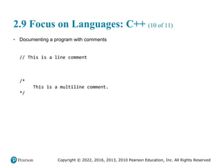 Copyright © 2022, 2016, 2013, 2010 Pearson Education, Inc. All Rights Reserved
2.9 Focus on Languages: C++ (10 of 11)
• Documenting a program with comments
// This is a line comment
/*
This is a multiline comment.
*/
 