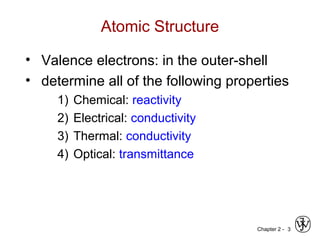 Chapter 2 - 3
Atomic Structure
• Valence electrons: in the outer-shell
• determine all of the following properties
1) Chemical: reactivity
2) Electrical: conductivity
3) Thermal: conductivity
4) Optical: transmittance
 