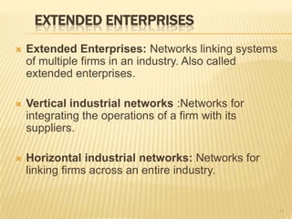 EXTENDED ENTERPRISES
   Extended Enterprises: Networks linking systems
    of multiple firms in an industry. Also called
    extended enterprises.

   Vertical industrial networks :Networks for
    integrating the operations of a firm with its
    suppliers.

   Horizontal industrial networks: Networks for
    linking firms across an entire industry.


                                                     11
 
