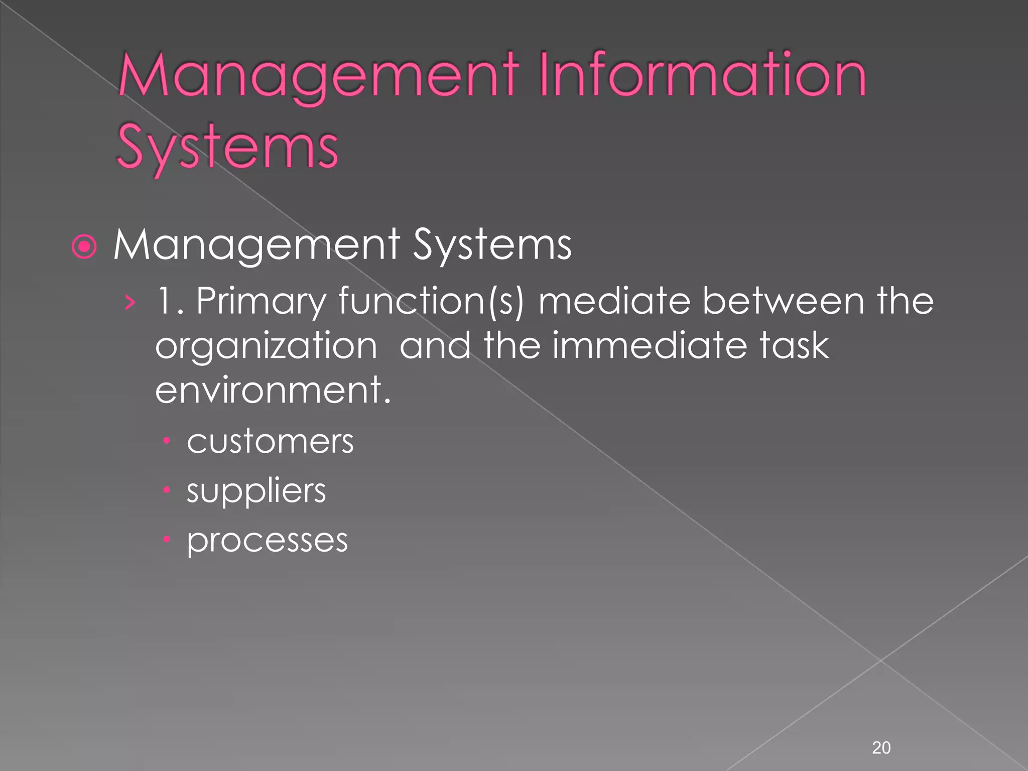    Management Systems
    &rsaquo; 1. Primary function(s) mediate between the
     organization and the immediate task
     environment.
       customers
       suppliers
       processes




                                            20
 