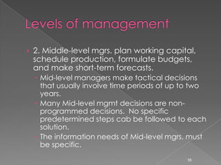 › 2. Middle-level mgrs. plan working capital,
 schedule production, formulate budgets,
 and make short-term forecasts.
   Mid-level managers make tactical decisions
    that usually involve time periods of up to two
    years.
   Many Mid-level mgmt decisions are non-
    programmed decisions. No specific
    predetermined steps cab be followed to each
    solution.
   The information needs of Mid-level mgrs. must
    be specific.
                                            35
 