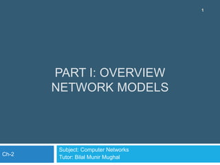PART I: OVERVIEW
NETWORK MODELS
Subject: Computer Networks
Tutor: Bilal Munir Mughal
1
Ch-2
 