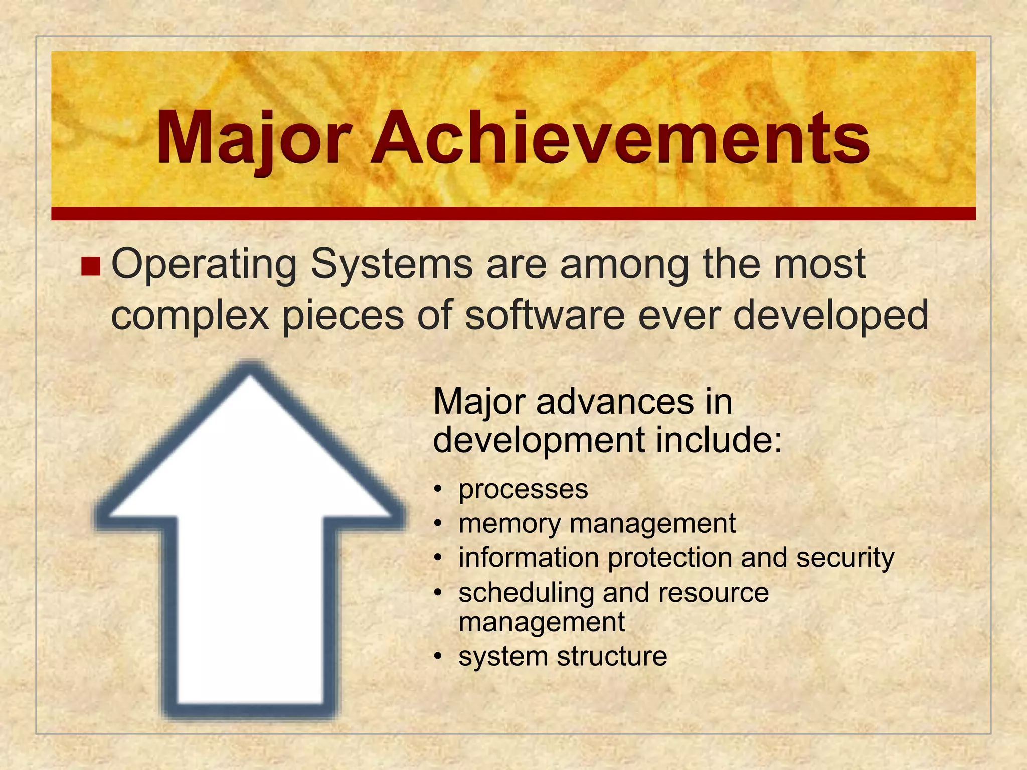 Major Achievements 
 Operating Systems are among the most 
complex pieces of software ever developed 
Major advances in 
development include: 
• processes 
• memory management 
• information protection and security 
• scheduling and resource 
management 
• system structure 
 