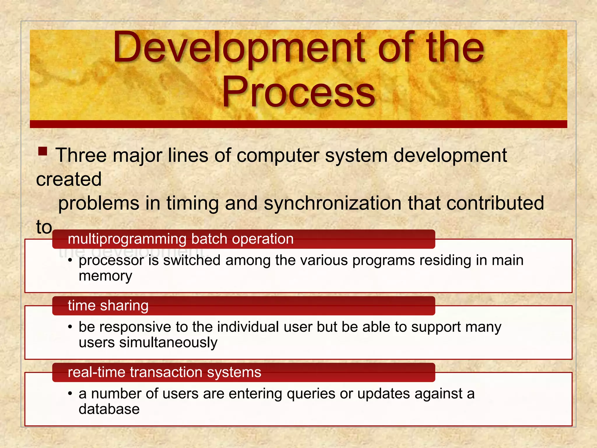 Development of the 
Process 
 
Three major lines of computer system development 
created 
problems in timing and synchronization that contributed 
to 
multiprogramming batch operation 
the development: • processor is switched among the various programs residing in main 
memory 
time sharing 
• be responsive to the individual user but be able to support many 
users simultaneously 
real-time transaction systems 
• a number of users are entering queries or updates against a 
database 
 