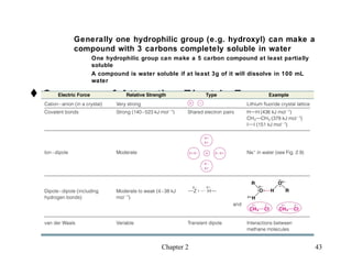 Generally one hydrophilic group (e.g. hydroxyl) can make a
      compound with 3 carbons completely soluble in water
          One hydrophilic group can make a 5 carbon compound at least partially
          soluble
          A compound is water soluble if at least 3g of it will dissolve in 100 mL
          water

 Summary of Attractive Electric Forces




                                 Chapter 2                                           43
 