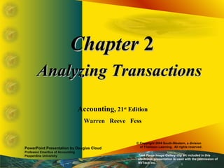 ChapterChapter 22
Analyzing TransactionsAnalyzing Transactions
Accounting, 21st
Edition
Warren Reeve Fess
PowerPoint Presentation by Douglas Cloud
Professor Emeritus of Accounting
Pepperdine University
© Copyright 2004 South-Western, a division
of Thomson Learning. All rights reserved.
Task Force Image Gallery clip art included in this
electronic presentation is used with the permission of
NVTech Inc.
 