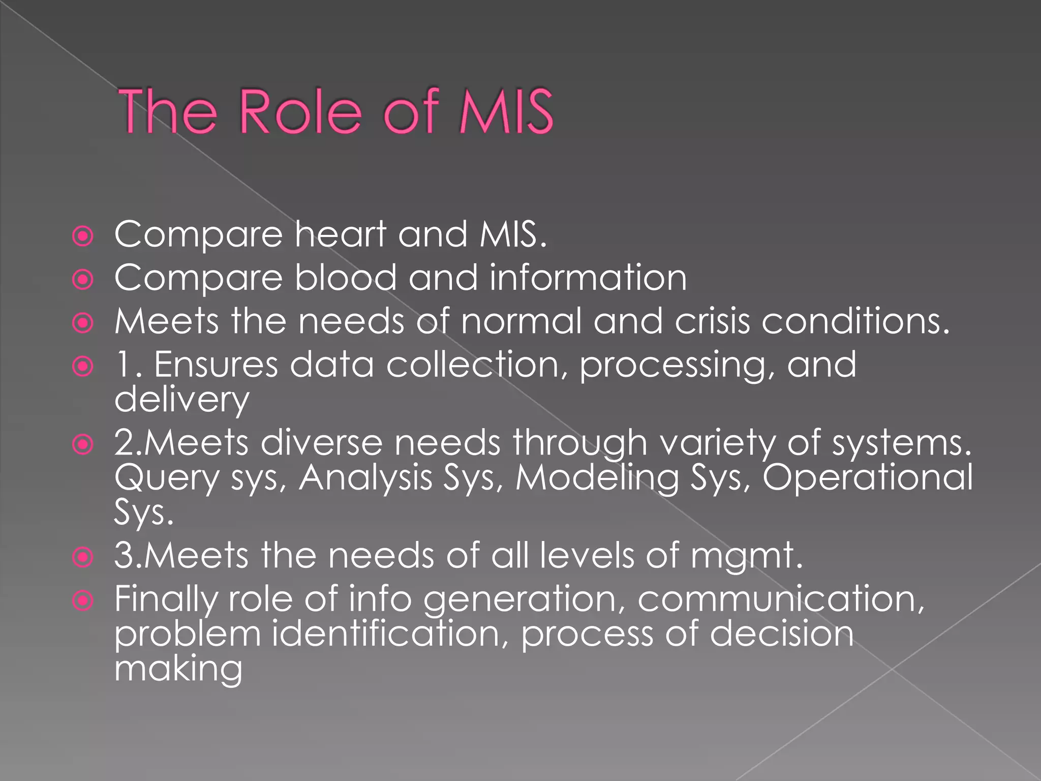  Compare heart and MIS.
 Compare blood and information
 Meets the needs of normal and crisis conditions.
 1. Ensures data collection, processing, and
  delivery
 2.Meets diverse needs through variety of systems.
  Query sys, Analysis Sys, Modeling Sys, Operational
  Sys.
 3.Meets the needs of all levels of mgmt.
 Finally role of info generation, communication,
  problem identification, process of decision
  making
 