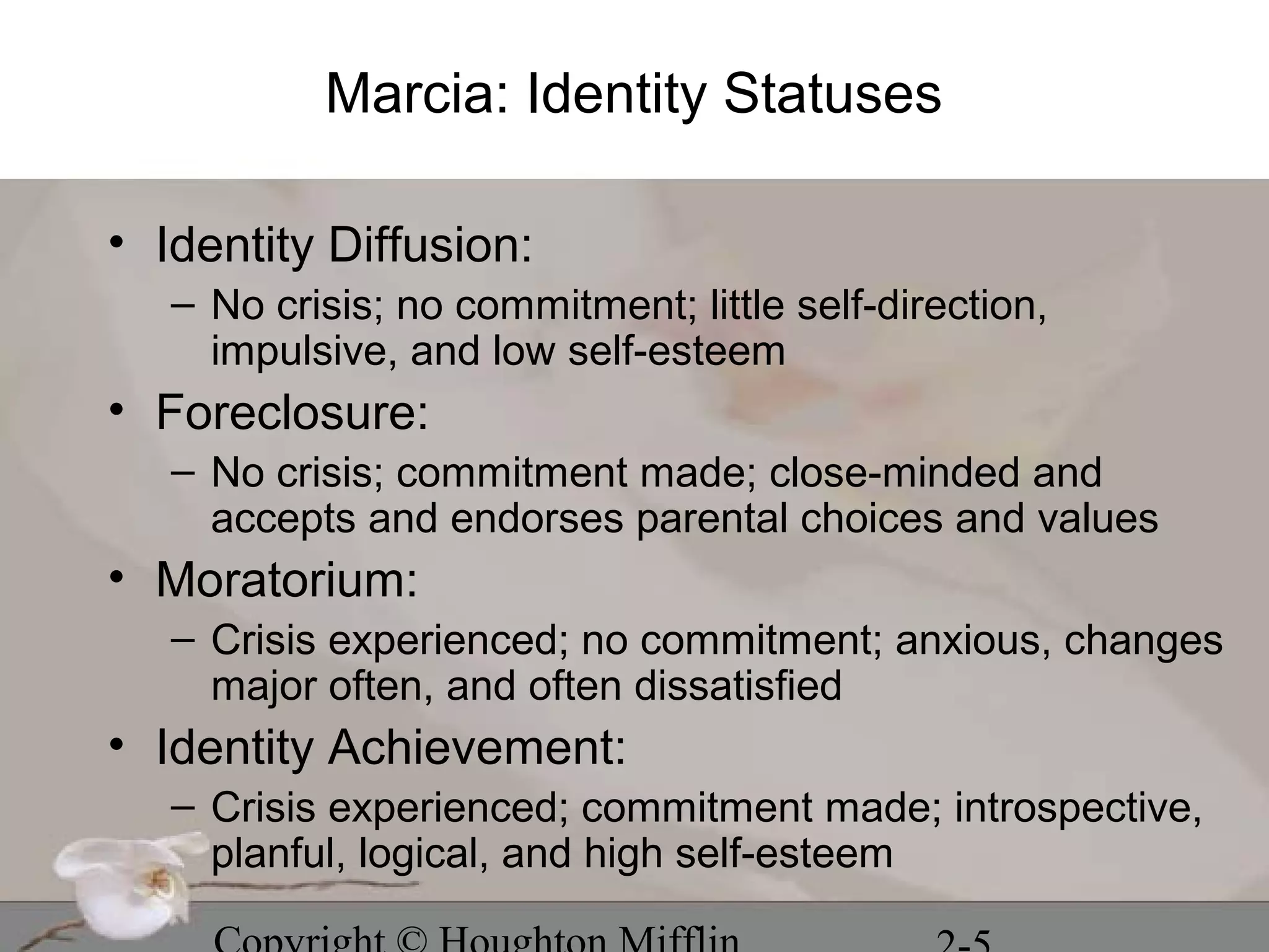 Marcia: Identity Statuses

• Identity Diffusion:
   – No crisis; no commitment; little self-direction,
     impulsive, and low self-esteem
• Foreclosure:
   – No crisis; commitment made; close-minded and
     accepts and endorses parental choices and values
• Moratorium:
   – Crisis experienced; no commitment; anxious, changes
     major often, and often dissatisfied
• Identity Achievement:
   – Crisis experienced; commitment made; introspective,
     planful, logical, and high self-esteem
 