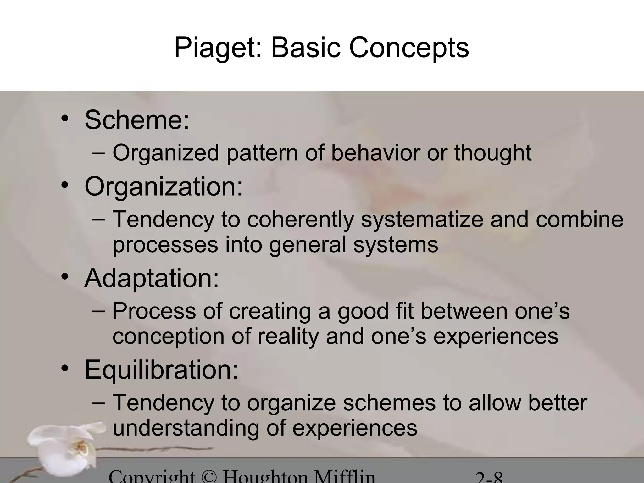 Piaget: Basic Concepts

• Scheme:
  – Organized pattern of behavior or thought
• Organization:
  – Tendency to coherently systematize and combine
    processes into general systems
• Adaptation:
  – Process of creating a good fit between one’s
    conception of reality and one’s experiences
• Equilibration:
  – Tendency to organize schemes to allow better
    understanding of experiences
 
