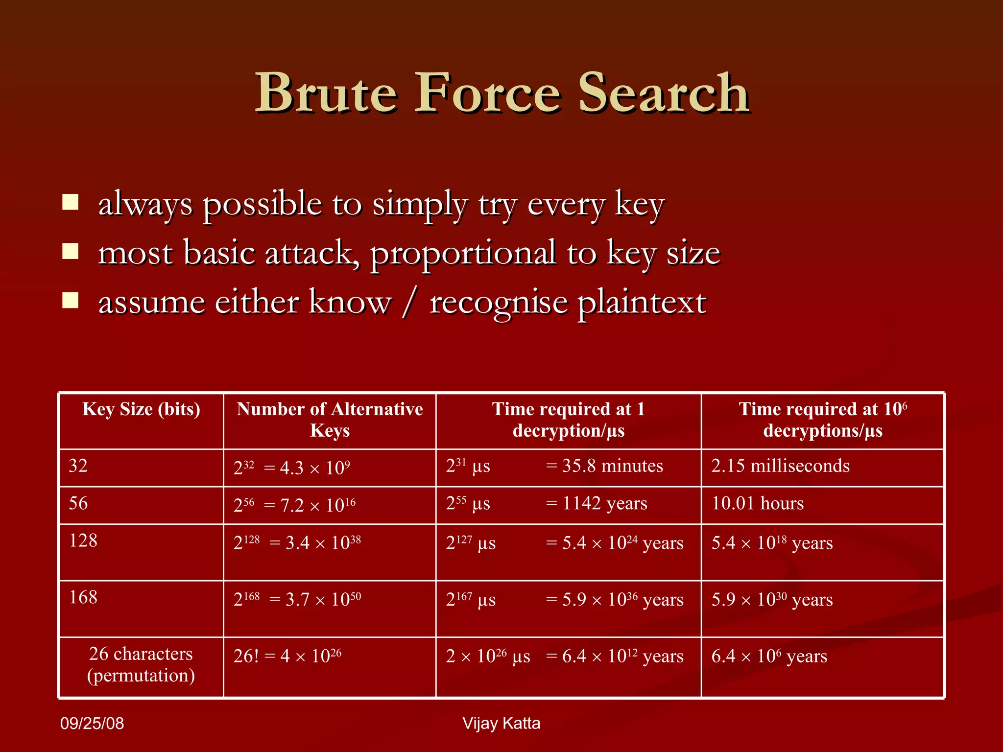 Brute Force Search always possible to simply try every key  most basic attack, proportional to key size  assume either know / recognise plaintext 6.4    10 6  years 2    10 26  µs = 6.4    10 12  years 26! = 4    10 26 26 characters (permutation) 5.9    10 30  years 2 167  µs = 5.9    10 36  years 2 168   = 3.7    10 50 168 5.4    10 18  years 2 127  µs = 5.4    10 24  years 2 128   = 3.4    10 38 128 10.01 hours 2 55  µs = 1142 years 2 56   = 7.2    10 16 56 2.15 milliseconds 2 31  µs = 35.8 minutes 2 32   = 4.3    10 9 32 Time required at 10 6  decryptions/µs Time required at 1 decryption/µs Number of Alternative Keys Key Size (bits) 