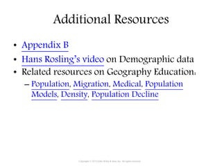 Additional Resources
• Appendix B
• Hans Rosling’s video on Demographic data
• Related resources on Geography Education:
– Population, Migration, Medical, Population
Models, Density, Population Decline
Copyright © 2015 John Wiley & Sons, Inc. All rights reserved.
 