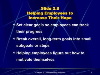 Slide 2.8 Helping Employees to Increase Their Hope Set clear goals so employees can track their progress Break overall, long-term goals into small subgoals or steps Helping employees figure out how to motivate themselves 